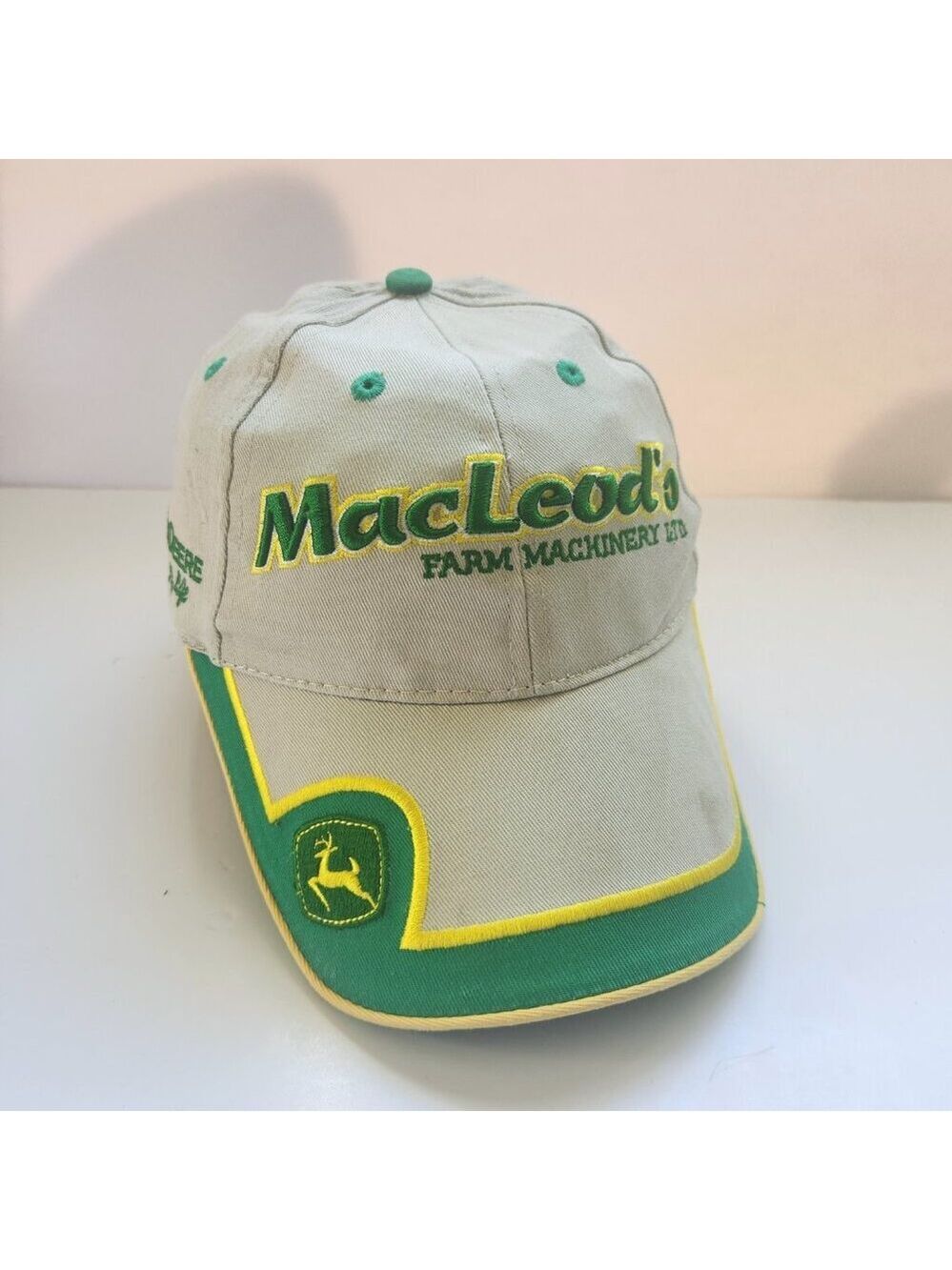 John Deere Hat Cap Strap Back Adjustable Embroidered Logos Beige Green Yellow